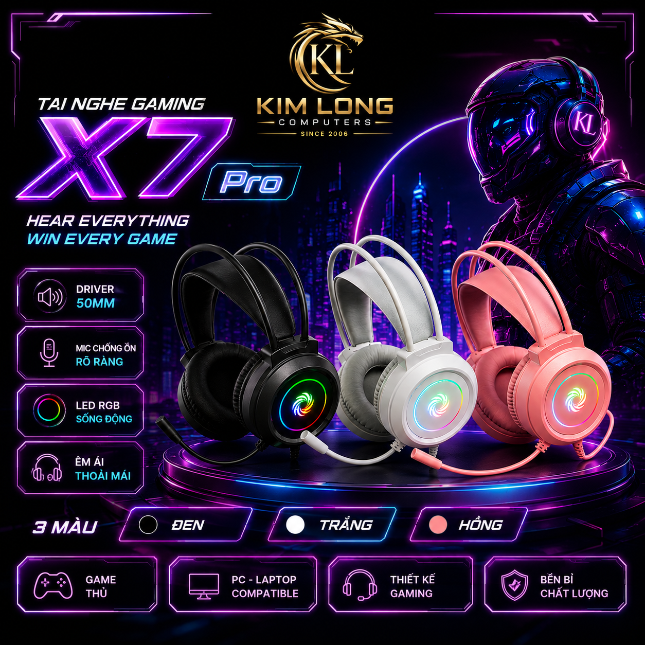 Tai nghe Gaming LED X7Pro - Trắng, Đen, Hồng